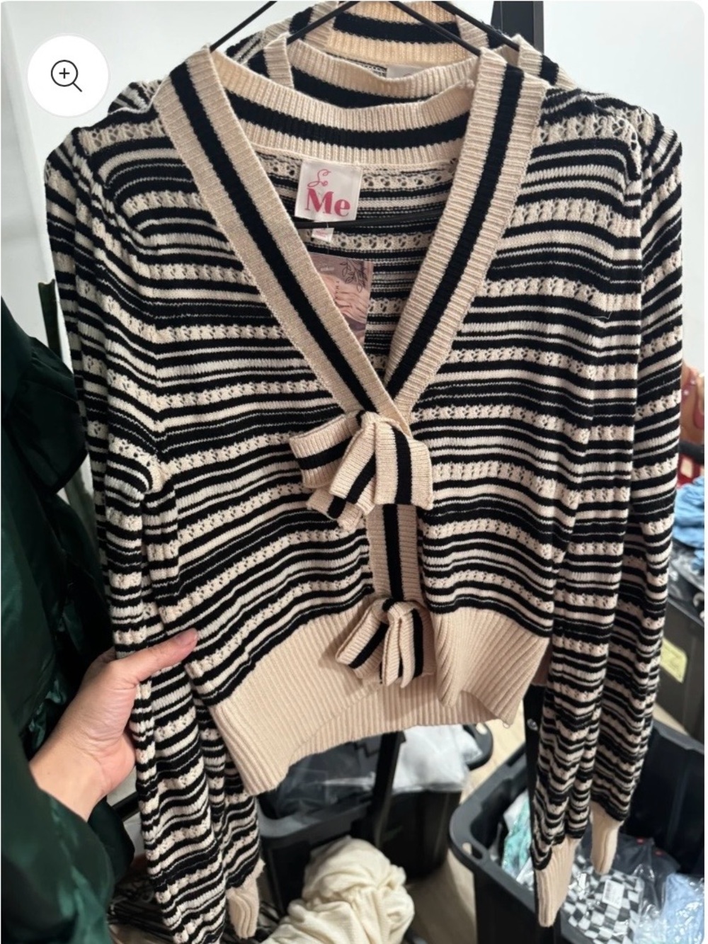 Black & Cream Striped Tie-Front Sweater